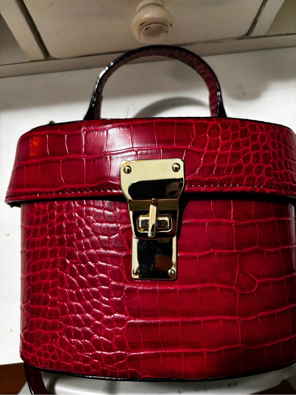Red Croc-Embossed Top Handle Bag with Gold Hardware - Picture 3 of 9